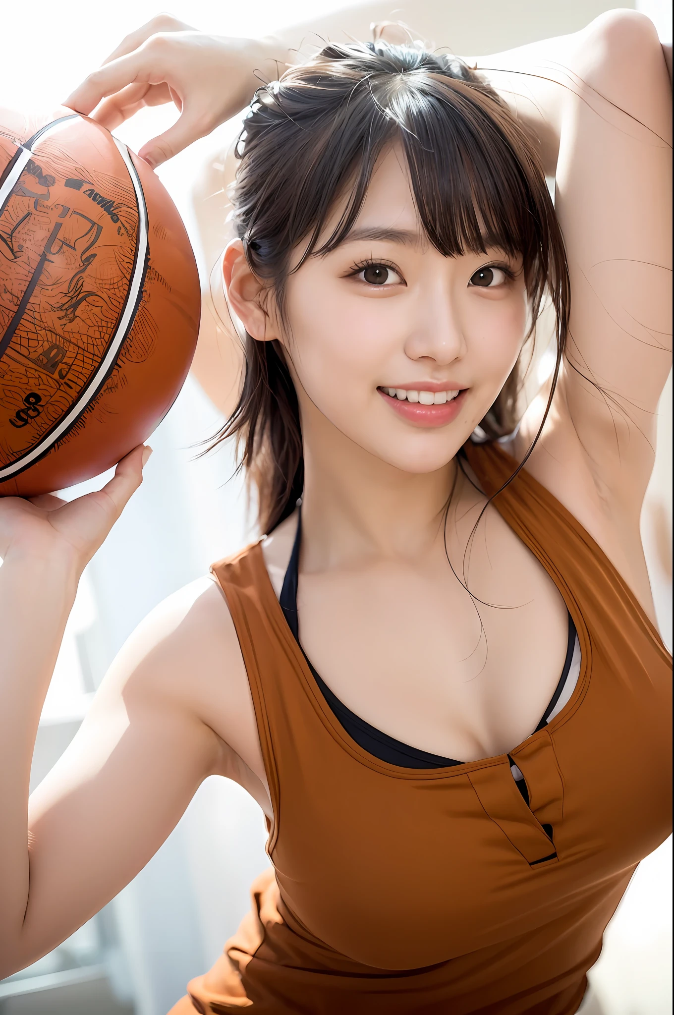 arafed asian woman holding a basketball in front of her head, 奈良美智, Sporty, chiho, Realistic Young Gravure Idol, Young Pretty Gravure Idol, Young skinny gravure idol, deayami kojima, aoshima chiho, Chiho Ashima, young gravure idol, Young Sensual Gravure Idol, basketball、((No underwear))