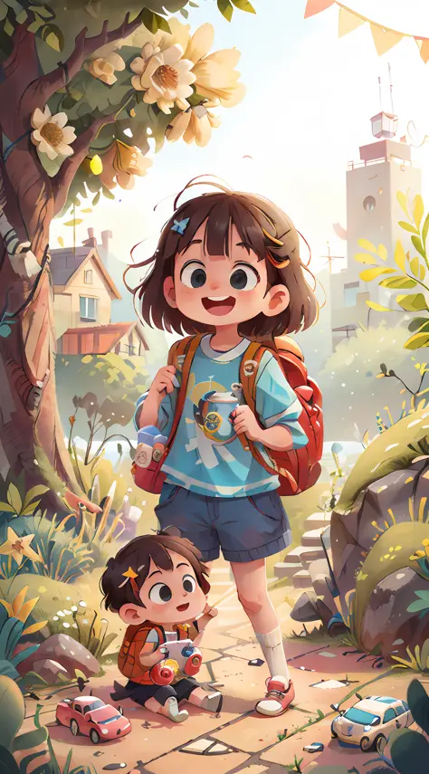 (sfw)，Two little girls playing with cars，Spring outing，cheerfulness，Carrying a backpack，Small car toy in hand，The background is the sea on both sides of the road，Perfect quality，Clear focus，A riot of colour，Perfect face，complicated detail，Ultra-low viewing...