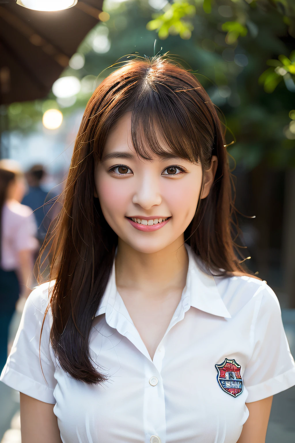 1girl, happy, smiling, (at street:1.2), ((office uniform:1.2)),night, RAW photo, (photorealistic:1.37, realistic), highly detailed CG unified 8K wallpapers, looking at viewer, (((straight from front))), (HQ skin:1.8, shiny skin), 8k uhd, dslr, soft lighting, high quality, film grain, Fujifilm XT3, ((upper body:1.6)), (professional lighting:1.6)