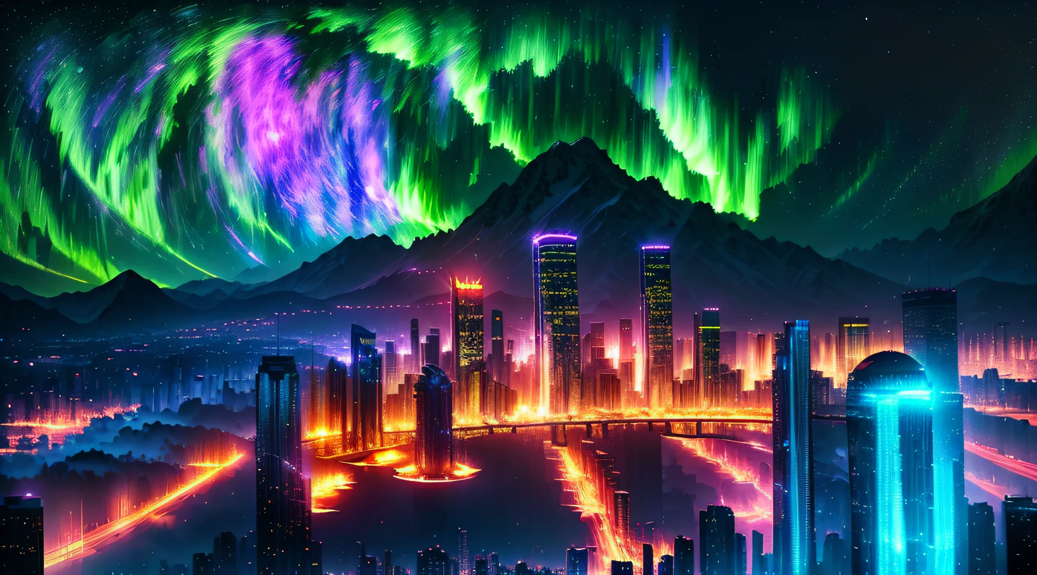 (deep in the night, deep in the night, deep in the night) I see a beautiful, detailed 8k artwork with a sugary pink crystal city, sparkling gold, and a fairytale landscape against a magical night sky.8k,((huge full city)),(space city),(nothern lights,detailed),((high quality))