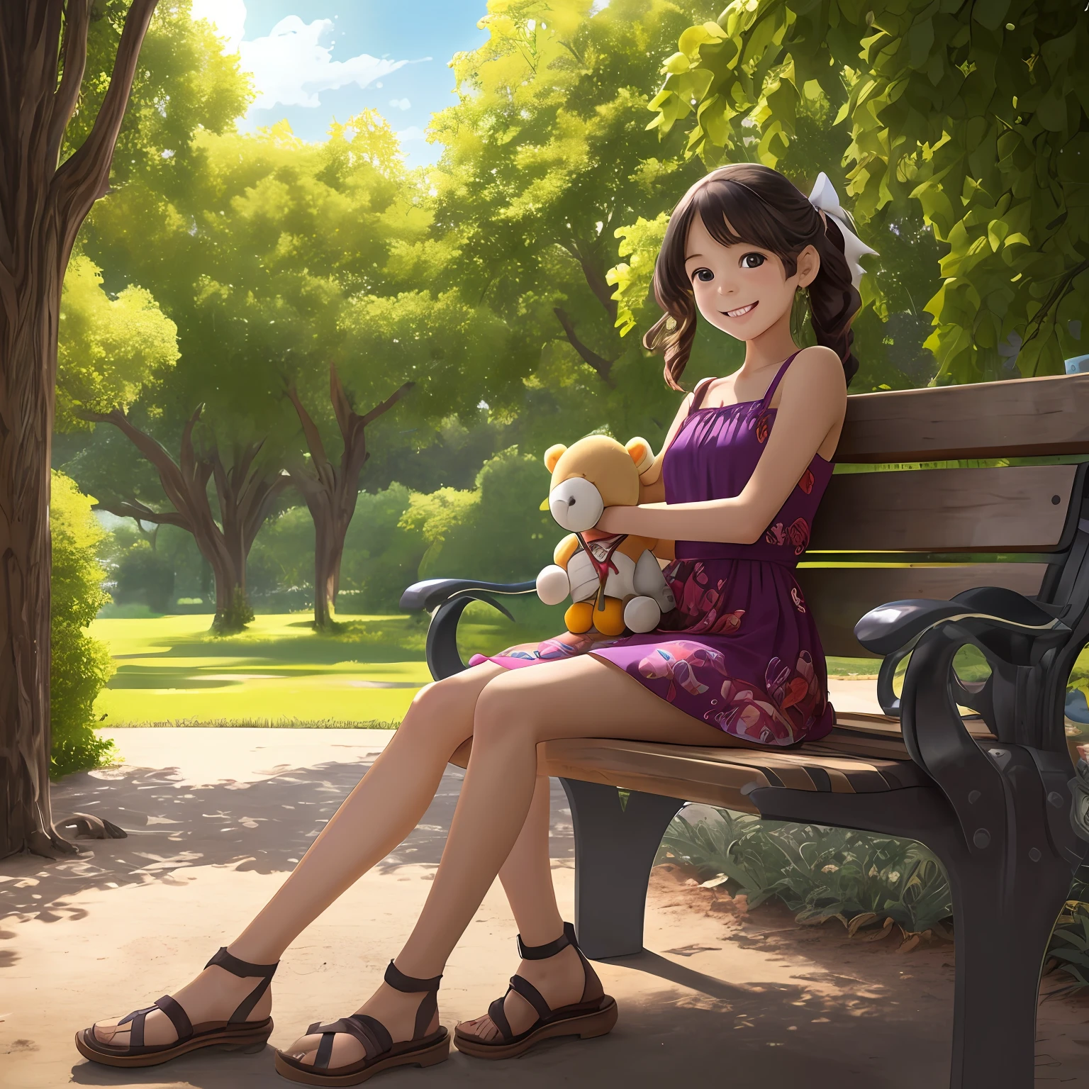 Потрясающе реалистичное изображение молодой девушки, сидящей на скамейке в парке., В окружении любимых игрушек. У девушки заразительная улыбка, ее яркие глаза сверкают радостью, когда она взаимодействует со своими игрушками. На ней красочное платье, и ее волосы уложены милой лентой. Окружающая среда парка наполнена пышными зелеными деревьями., цветущие цветы, и легкий ветерок. Освещение мягкое, освещая сцену теплым солнечным светом, создание безмятежной и уютной атмосферы. Фотореалистичный стиль передает каждую деталь., от текстур игрушек до тонкой игры света и тени. --с 16:9 --авто