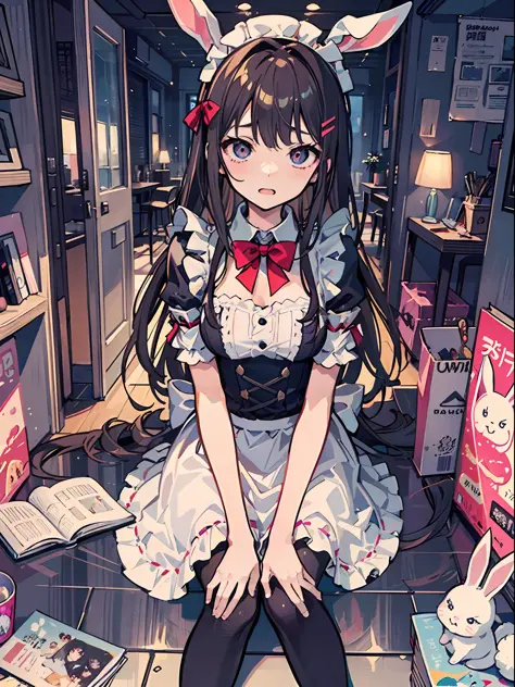 This illustration shows a girl sitting on the floor，She transforms into the image of a bunny girl，The illustration presents a very detailed cover art effect。The scene is depicted very delicately。She is dressed in a role-play costume in a maid costume，The w...