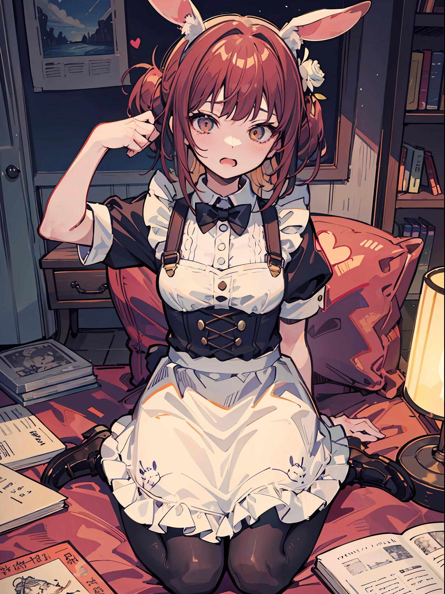 This illustration shows a girl sitting on the floor，She transforms into the image of a bunny girl，The illustration presents a very detailed cover art effect。The scene is depicted very delicately。She is dressed in a role-play costume in a maid costume，The whole gives a sense of innocence，There is a love motif in the picture，The overall picture has a jagged edge effect，Taken together，This illustration creates a naïve scene，Featuring the image of a bunny girl，And mixed with elements of Lovecraft， Embarrassing face　Embarrassed cheeks turning red　Startled　surprise