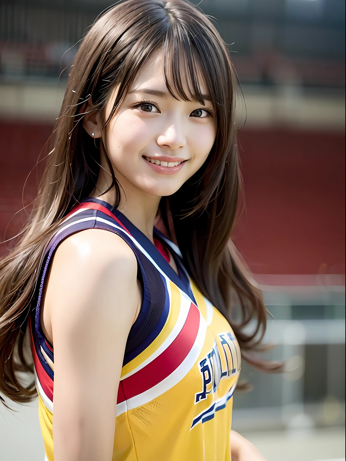 Ala Fed Asian cheerleader holding pom pom in stadium, closeup, closeup, cosplay photo, anime cosplay, small breasts, RAW photo, best quality, high resolution, (masterpiece), (photorealistic:1.4), professional photography, sharp focus, HDR, 8K resolution, intricate details, depth of field, highly detailed cg unity 8k wallpaper, front light, NSFW, woman, girl, beautiful supermodel, smile, slender, small cheer uniform, yellow