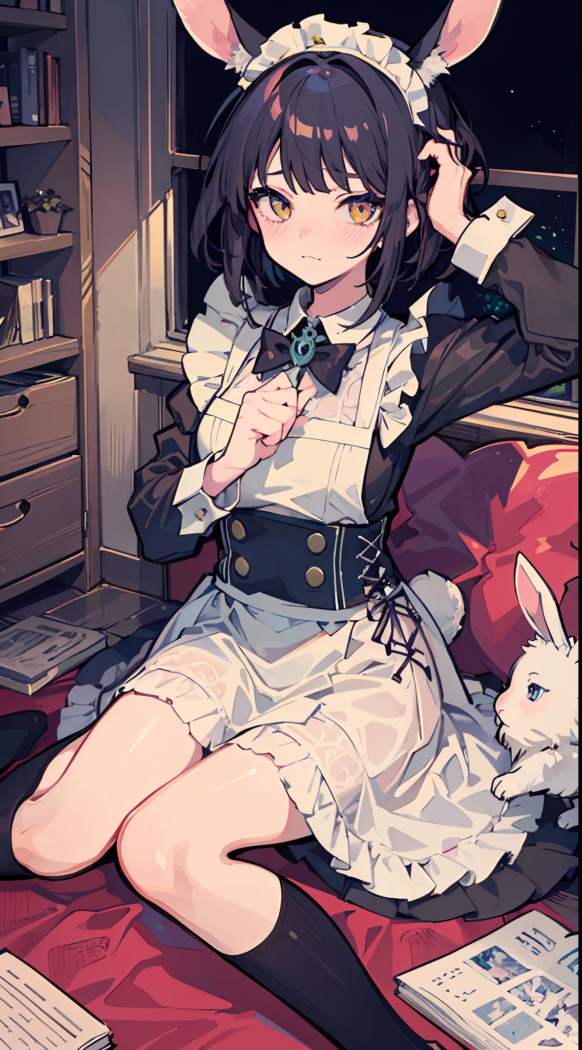 This illustration shows a girl sitting on the floor，She transforms into the image of a bunny girl，The illustration presents a very detailed cover art effect。The scene is depicted very delicately。She is dressed in a role-play costume in a maid costume，The whole gives a sense of innocence，There is a love motif in the picture，The overall picture has a jagged edge effect，Taken together，This illustration creates a naïve scene，Featuring the image of a bunny girl，And mixed with elements of Lovecraft， Embarrassing face　Embarrassed cheeks turning red　Startled　surprise