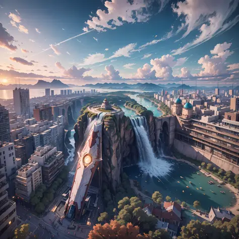 Bird's eye view of the city。Garden-like city below,(Countless crowds:1.3)，The high-rises of the future crisscross the sea,(Ancient Iron Man standing on a waterfall)，(((Masterpiece))),(((Best quality))),((Ultra-detailed))((Extremely detailed CG)),((16k wall...