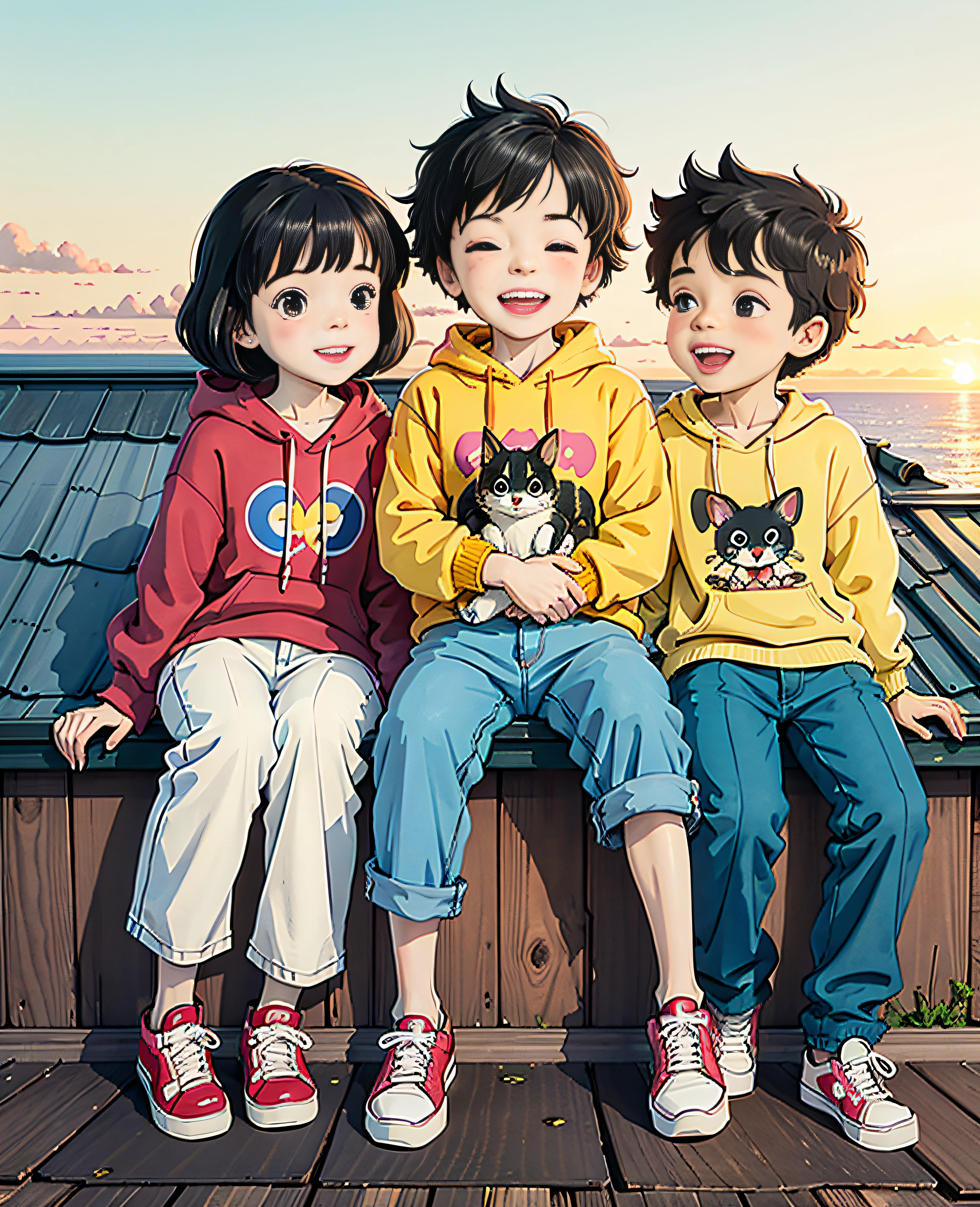 Two happy little boys and a  sat on the roof, taking full body photos and laughing happily. The boy wore a yellow short Sweatshirt, red sneakers, and the girl wore a white sweatshirt, jeans, white sneakers, black hair, a house, flowers, Hayao Miyazaki and other small animals. A happy  with a round face, big eyes, long eyelashes, sunset and sunset,