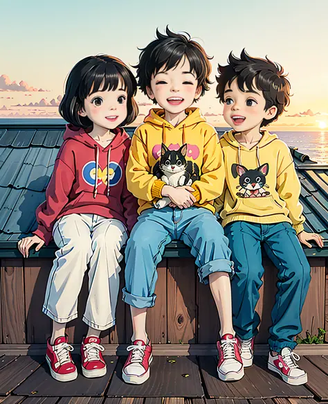 Two happy little boys and a little girl sat on the roof, taking full body photos and laughing happily. The boy wore a yellow sho...
