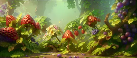 (Microscopic perspective)，There are in the forest in the hot summer(Fantasy strawberries+Fantasy grapes+Fantasy flowers+Fantasy ...
