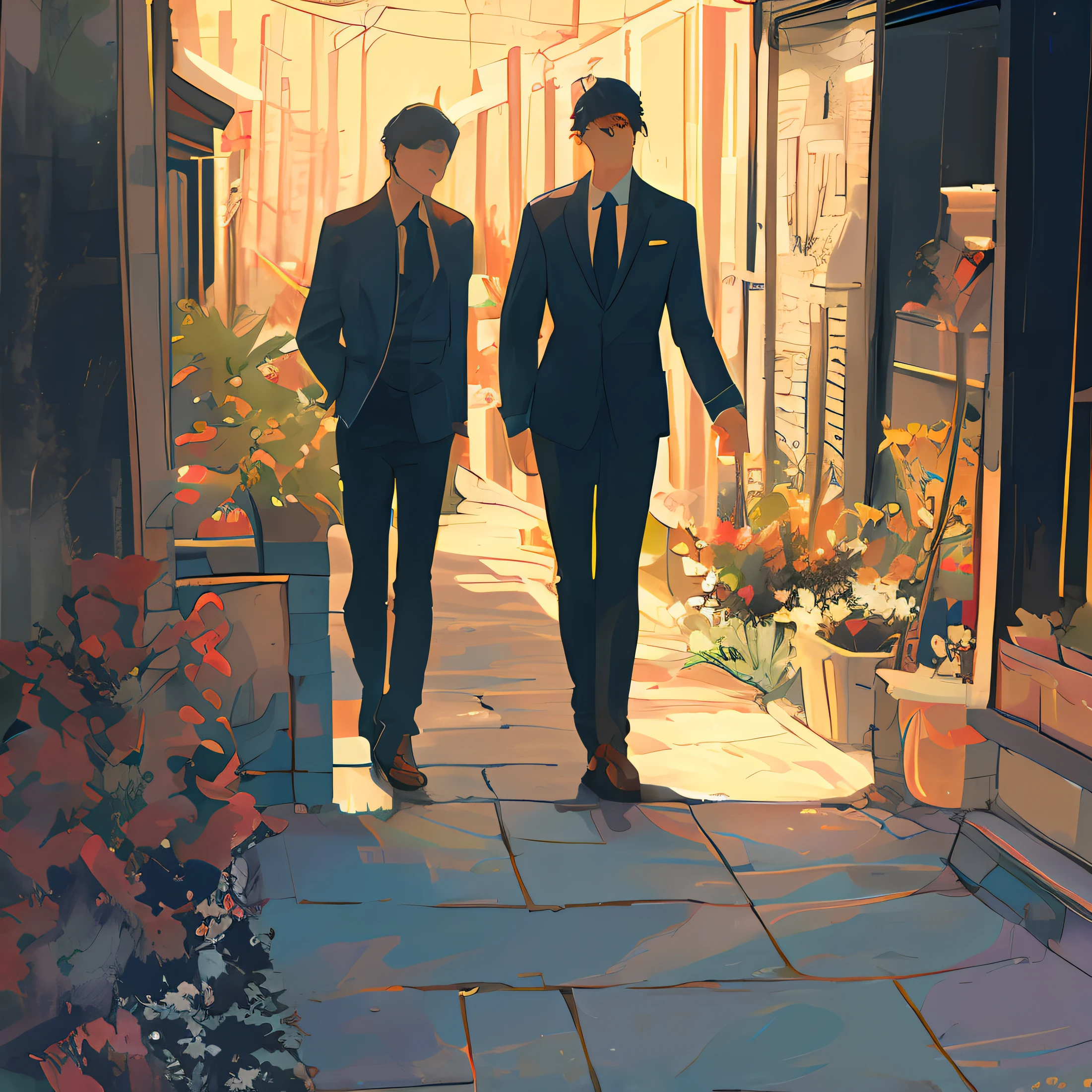 two young man in a suit is cheek to cheek,two handsome boy，inthe style of tranquil gardenscapes, romantic manga,i can't believe how beautiful this iswavy resin sheets,sunny，delicate shading,heavyshading,dreamy and romantic，high quality color matching,super rich details, 8K, best quality ，art by Kurahashi Rei --ar 3:4--style expressive