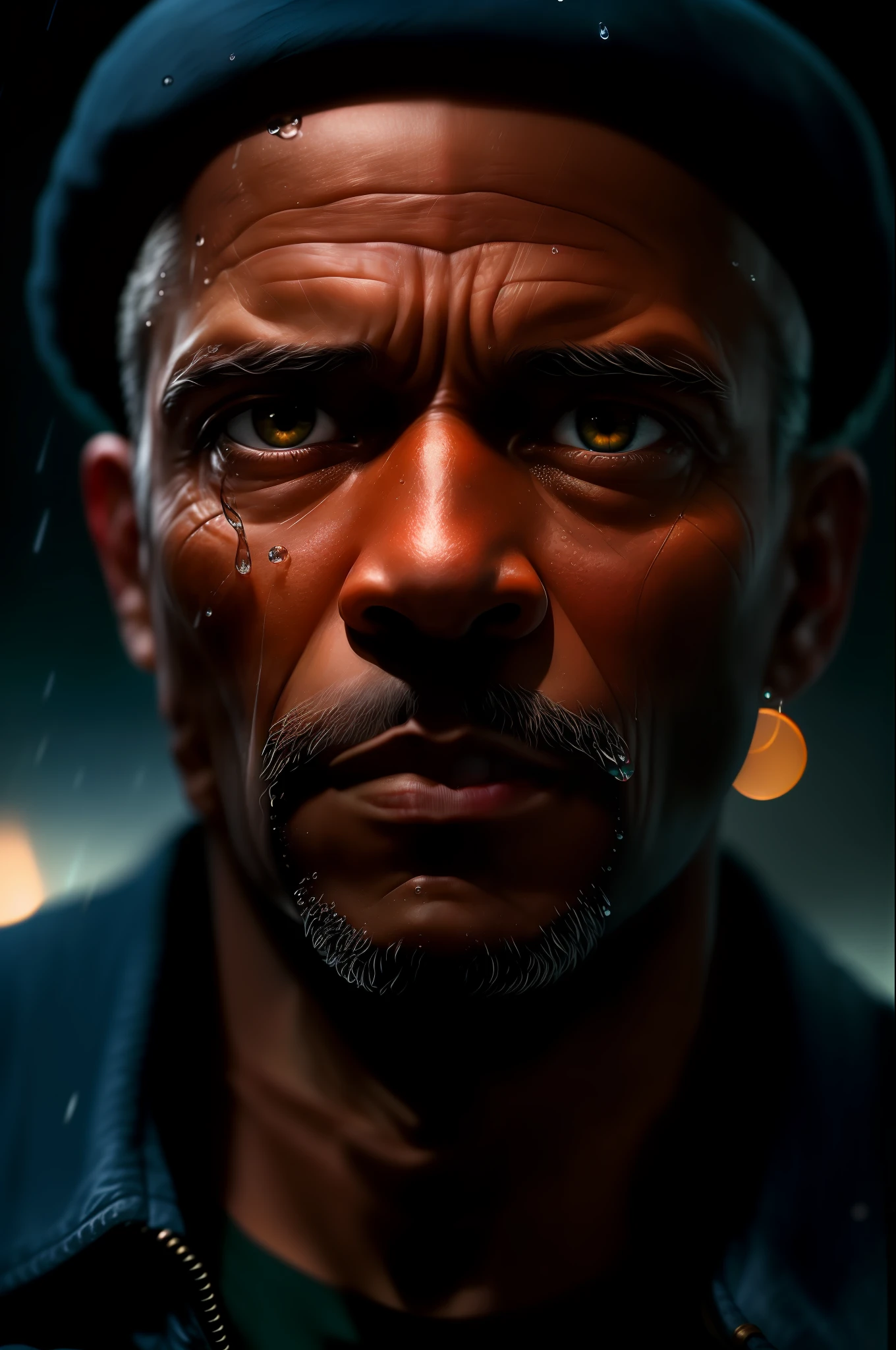 black man (sharp focus:1.2), an award winning photo of an old man peasant, water droplets, thunderstorm outside, lightning back lighting, , lines on face, wrinkles, extremely detailed skin, sadness, hopelessness ,cloudy eyes, (deep shadows:1.1), high contrast, beautiful eyes, absurdres, 8k, (high quality:1.3), , artstation hd, concept art, detailed face and body, award-winning photography, (moody lighting:1.2), depth of field, bokeh, 4K, HDR