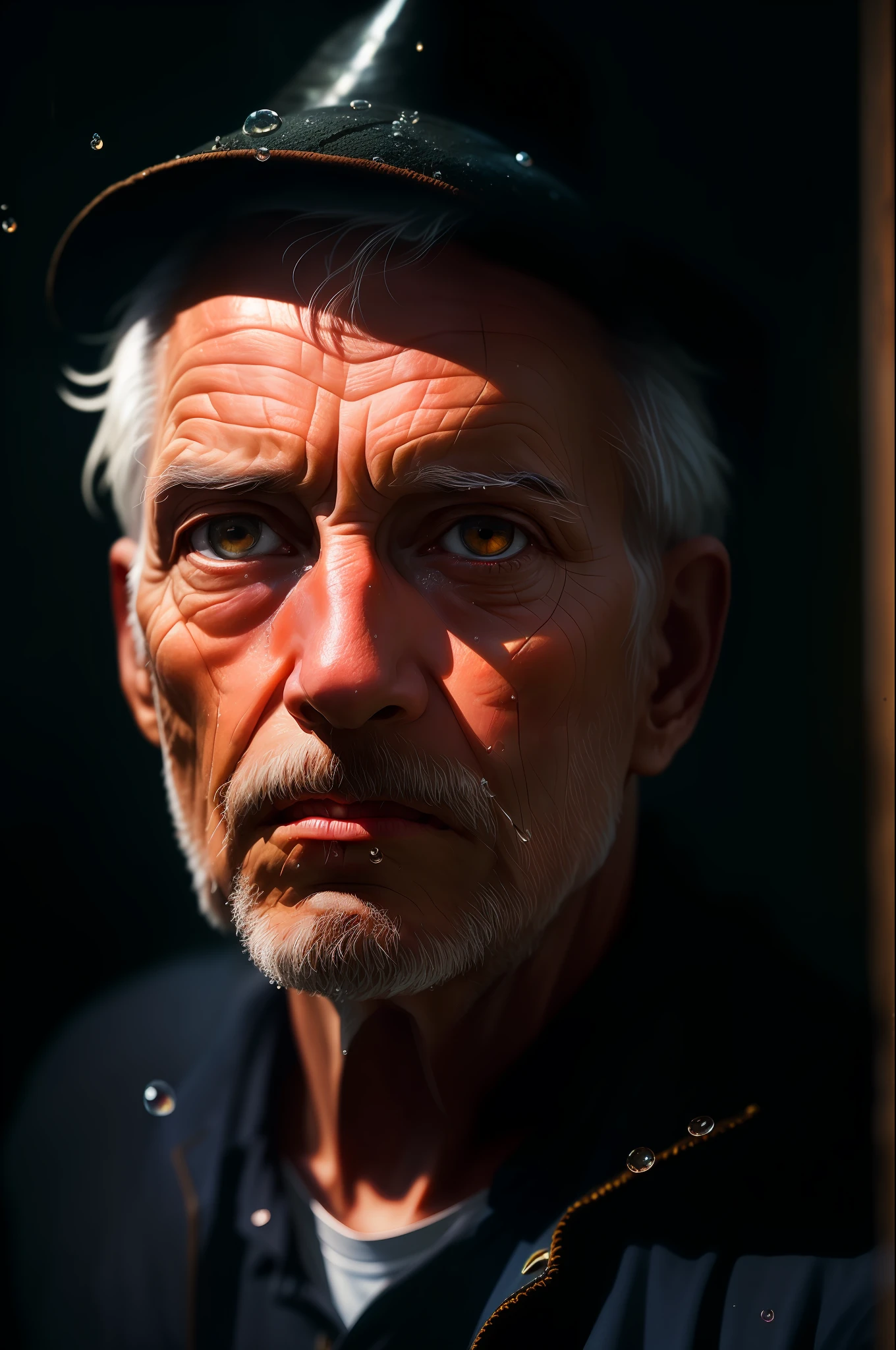 (sharp focus:1.2), an award winning photo of an old man peasant, water droplets, thunderstorm outside, lightning back lighting, , lines on face, wrinkles, extremely detailed skin, sadness, hopelessness ,cloudy eyes, (deep shadows:1.1), high contrast, beautiful eyes, absurdres, 8k, (high quality:1.3), , artstation hd, concept art, detailed face and body, award-winning photography, (moody lighting:1.2), depth of field, bokeh, 4K, HDR