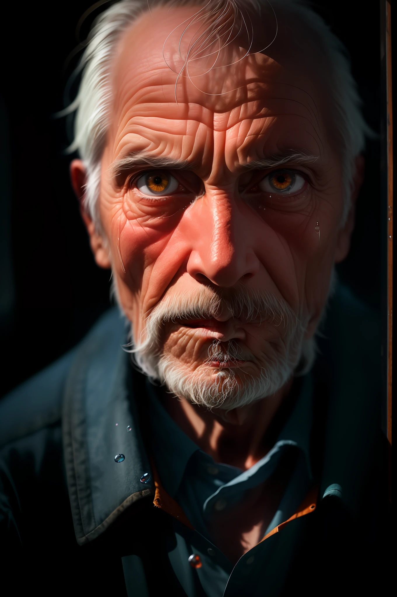 (sharp focus:1.2), an award winning photo of an old man peasant, water droplets, thunderstorm outside, lightning back lighting, , lines on face, wrinkles, extremely detailed skin, sadness, hopelessness ,cloudy eyes, (deep shadows:1.1), high contrast, beautiful eyes, absurdres, 8k, (high quality:1.3), , artstation hd, concept art, detailed face and body, award-winning photography, (moody lighting:1.2), depth of field, bokeh, 4K, HDR