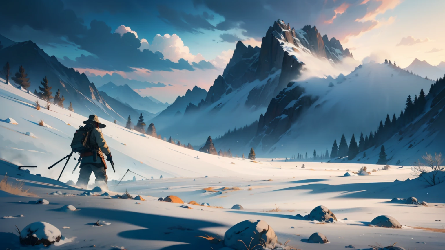荒山下的一片荒地，一位农民在荒地里劳作，古风，冬季雪，背景是一座大山，精美的 CG 画质，清晰详细的描述，热情的镜头，丰富精湛的局部细节，令人陶醉的光影效果，整体氛围漂亮美丽
