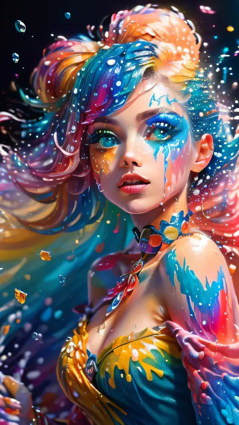 （Pink Fashion T-shirt：1.9），(Colorful hair: 1.8), (all the colours of the rainbow: 1.8),(((((vertical painting：1.6))), （painting：...