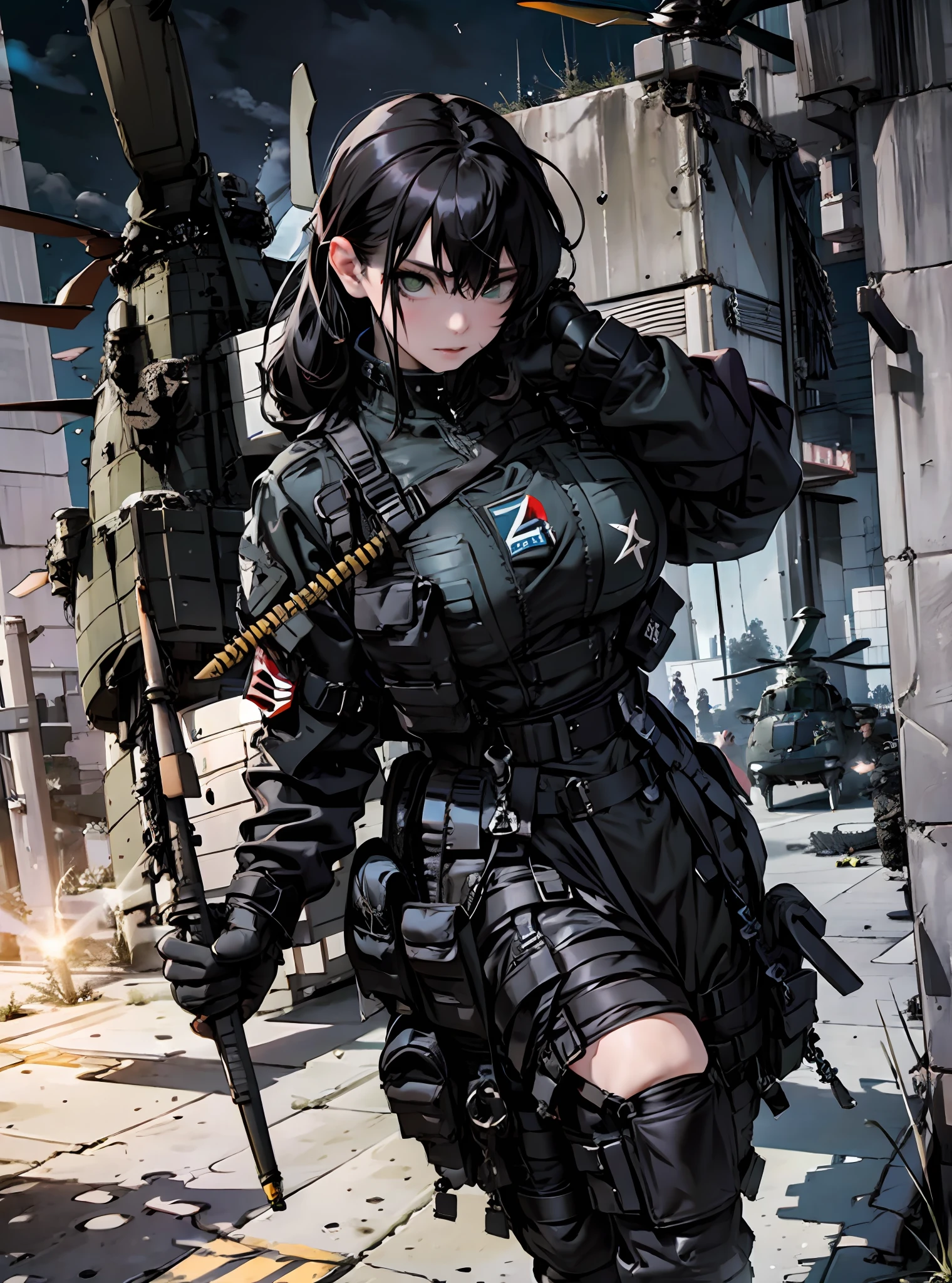 {{Master Masterpiece、beste Quality、extremely detailed CG、16 K、Film lighting、Lens Flare}}、blurry background、(One girl soldier aiming a huge rifle)、24yo、thick body、Teeth are protruding、photorealestic:1.4、Long blonde hair、Green eyeultiple weaponilitary helicopters:1.6))、Special Forces、war、Shinjuku at night、from above view、aim、aim、Knee shooting、Wide View、Fighting zombies