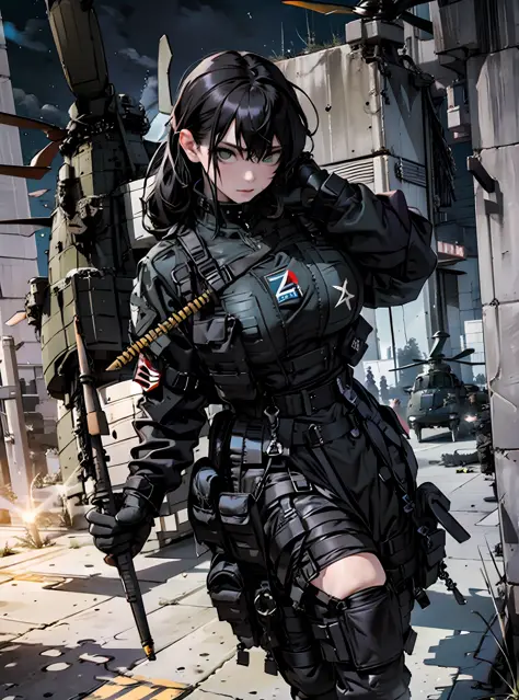 {{Master Masterpiece、beste Quality、extremely detailed CG、16 K、Film lighting、Lens Flare}}、blurry background、(One girl soldier aim...