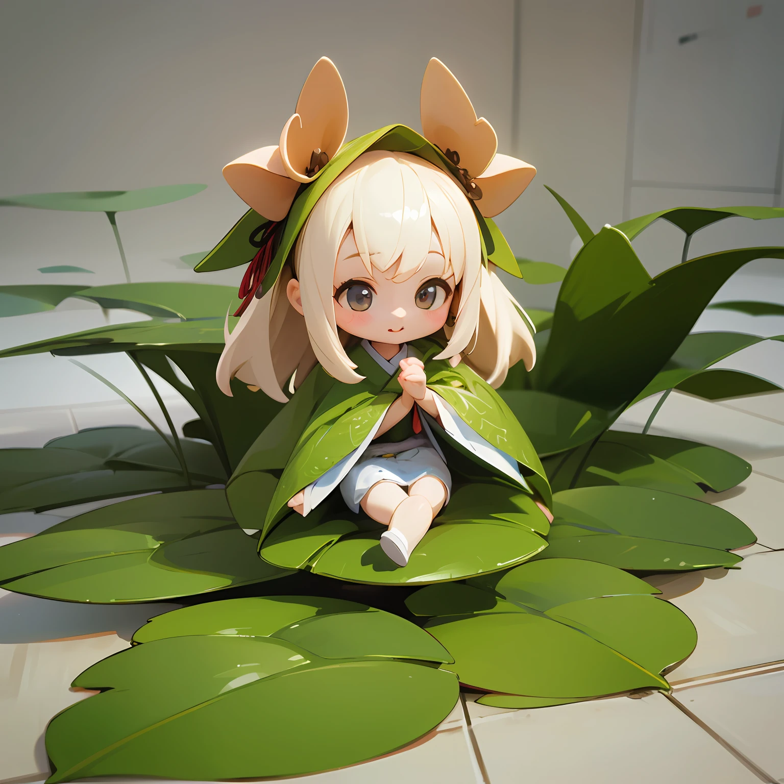 （A little doll wearing a cloak），（Sit in a lotus leaf），Lovely 3D rendering，cute detailed digital art，adorable digital art，cute cartoon character，adorable digital painting，Cutes！c4d，cute character，Vogue Japan 3D，（white  Background），hyper detailed，Thanks to Zhiding，3d model of a japanese mascot，Nendoroid 3D，cute forest creature