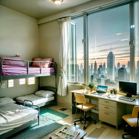 student dormitories，sitting on a bed，astonishment，in the early morning，windows，computer desk，bunk beds