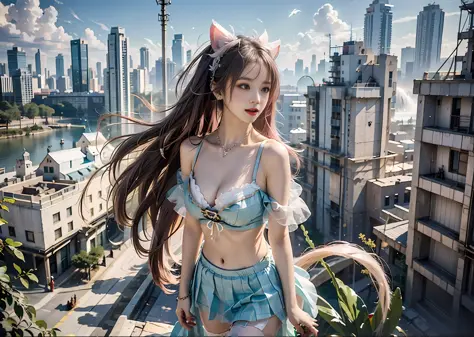 (Bird's eye view of the city),Garden-like city below,(Countless crowds:1.3),The high-rises of the future crisscross the sea,(Beautiful girl standing on a waterfall)，Bare shoulders, fcollarbone, Pleated skirt, bottomless, g-string,, Pink hair, Long hair, he...