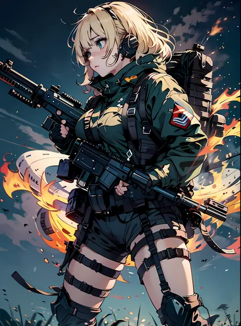 {{Masterpiece, top quality, highly detailed CG, 16K, movie lighting, lens flare}}, (1 girl soldier aiming a huge rifle), (wide view), thick body, Photorealism: 1.4, long blonde hair, green eyes, multiple weapons, aiming, (embark in stance to snipe from a m...