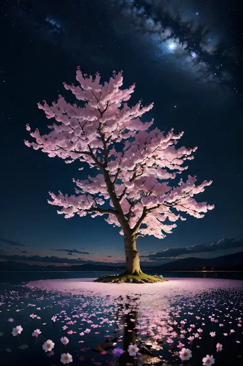 cherry tree、high picture quality、full bloom、luna、night、starry skies、finely、seas