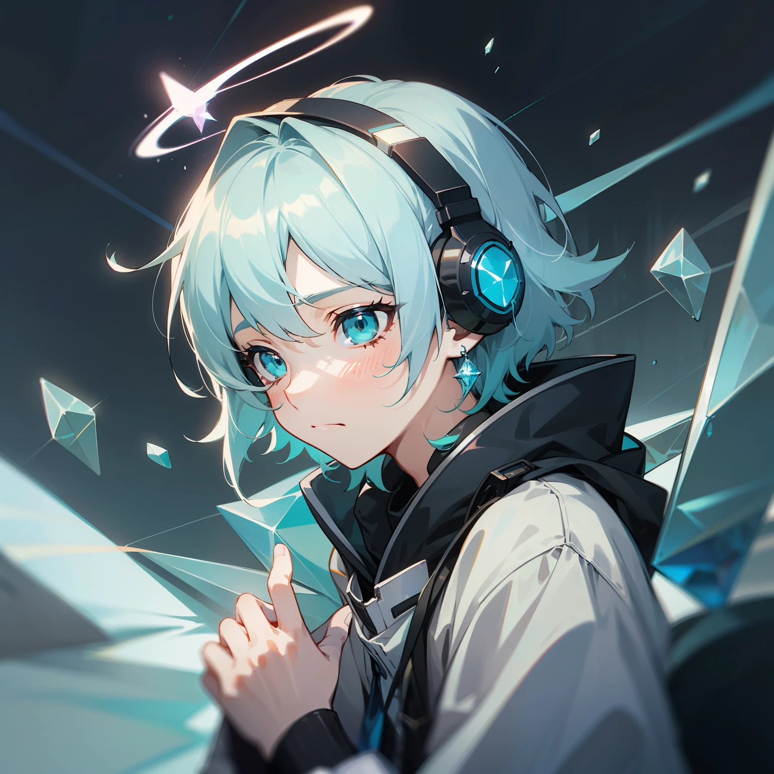 A sadness picture with 1boy dresses like a fallen angel, comma hair, sadness eyes, light blue hair, silver hair, halo, headphones, aqua eyes, crystal earrings, sad, anime, illustration, motion blur, high details, best quality, 4K