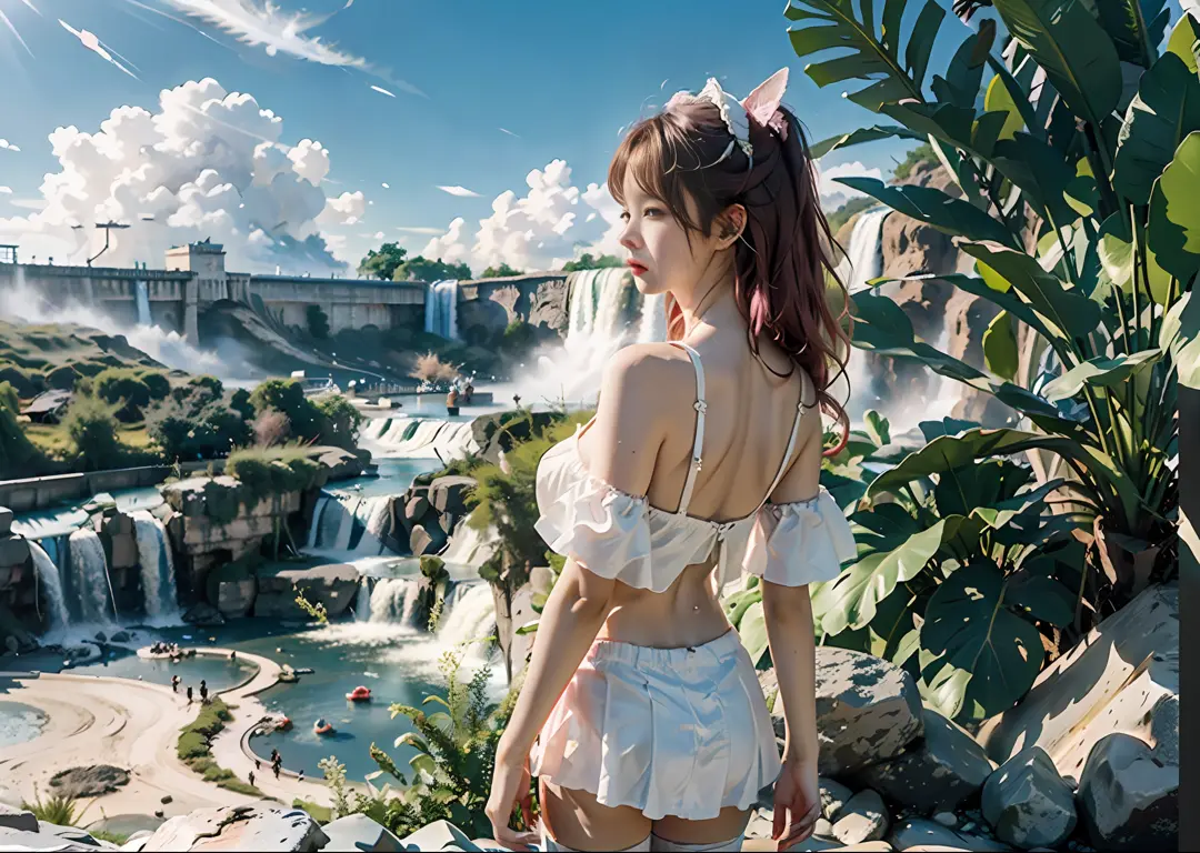 (Bird's eye view of the city),Garden-like city below,(Countless crowds:1.3),The high-rises of the future crisscross the sea,(Beautiful girl standing on a waterfall:1.5)，Bare shoulders, fcollarbone, Pleated skirt, bottomless, g-string,, Pink hair, Long hair...