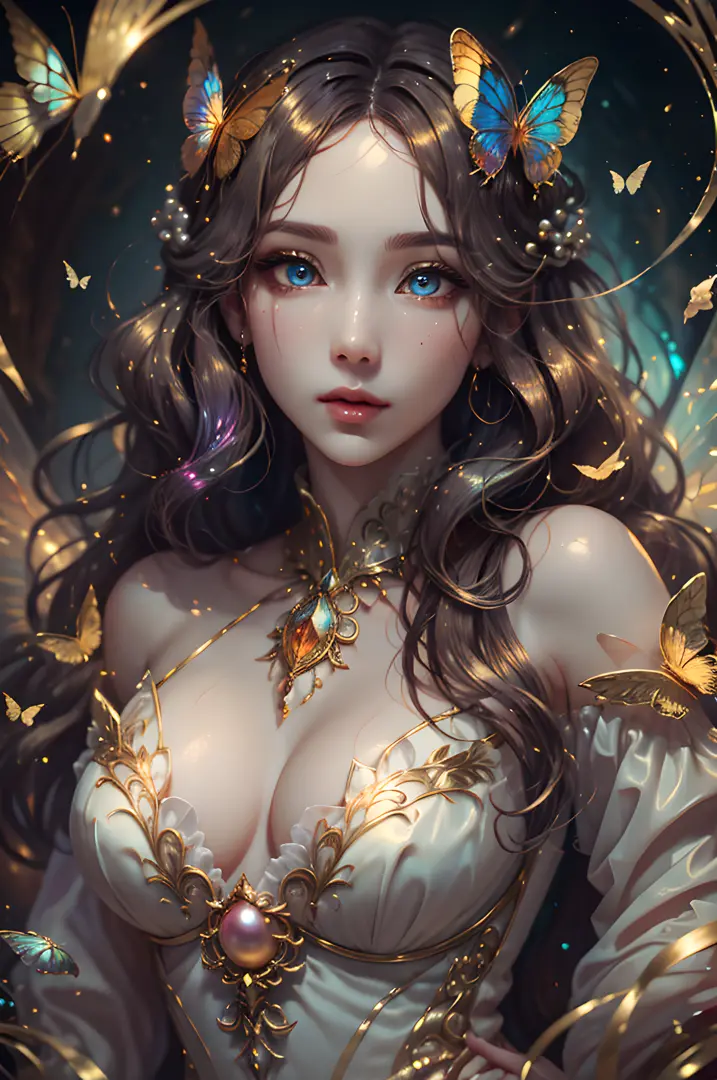 In the style of mythic fantasy and storybook fantasy, with many bright rainbow colors. Generate a mysterious fae queen with puffy lips and a wide mouth. She has a dark curls_hairstyle, side_swept_hair with a realistic texture. She has a realistic skin text...