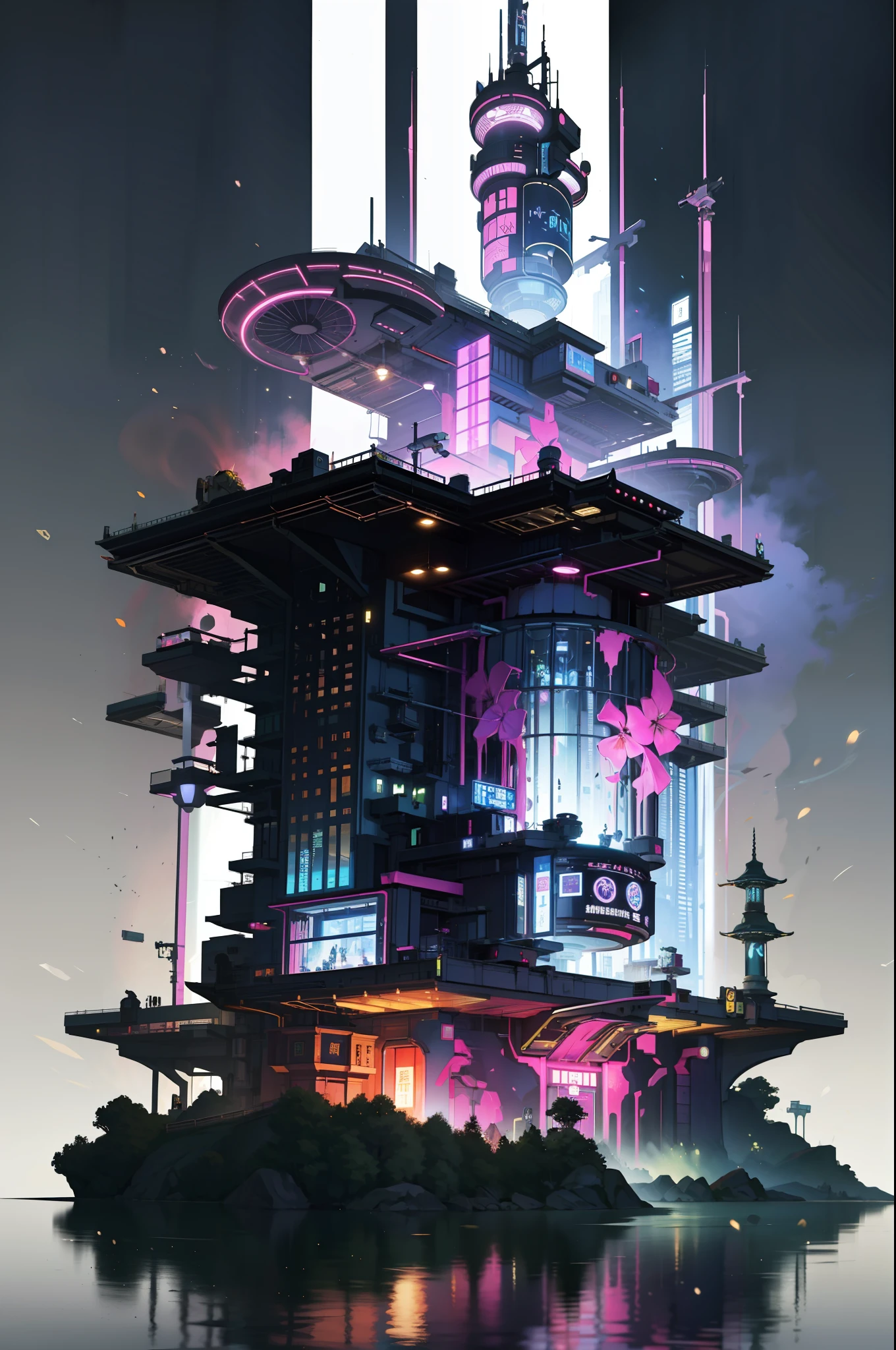 Game Academy，Ethno-style architecture，Ancient Chinese，Structurally sound、high-definition details，Science fiction，neon lit，The cyberpunk，Particle effects，perfect works，White background，（杰作，premier quality，best qulaity，officlal art，Beauty and aesthetics：1.2），（8K，best qulaity，杰作：1.2）