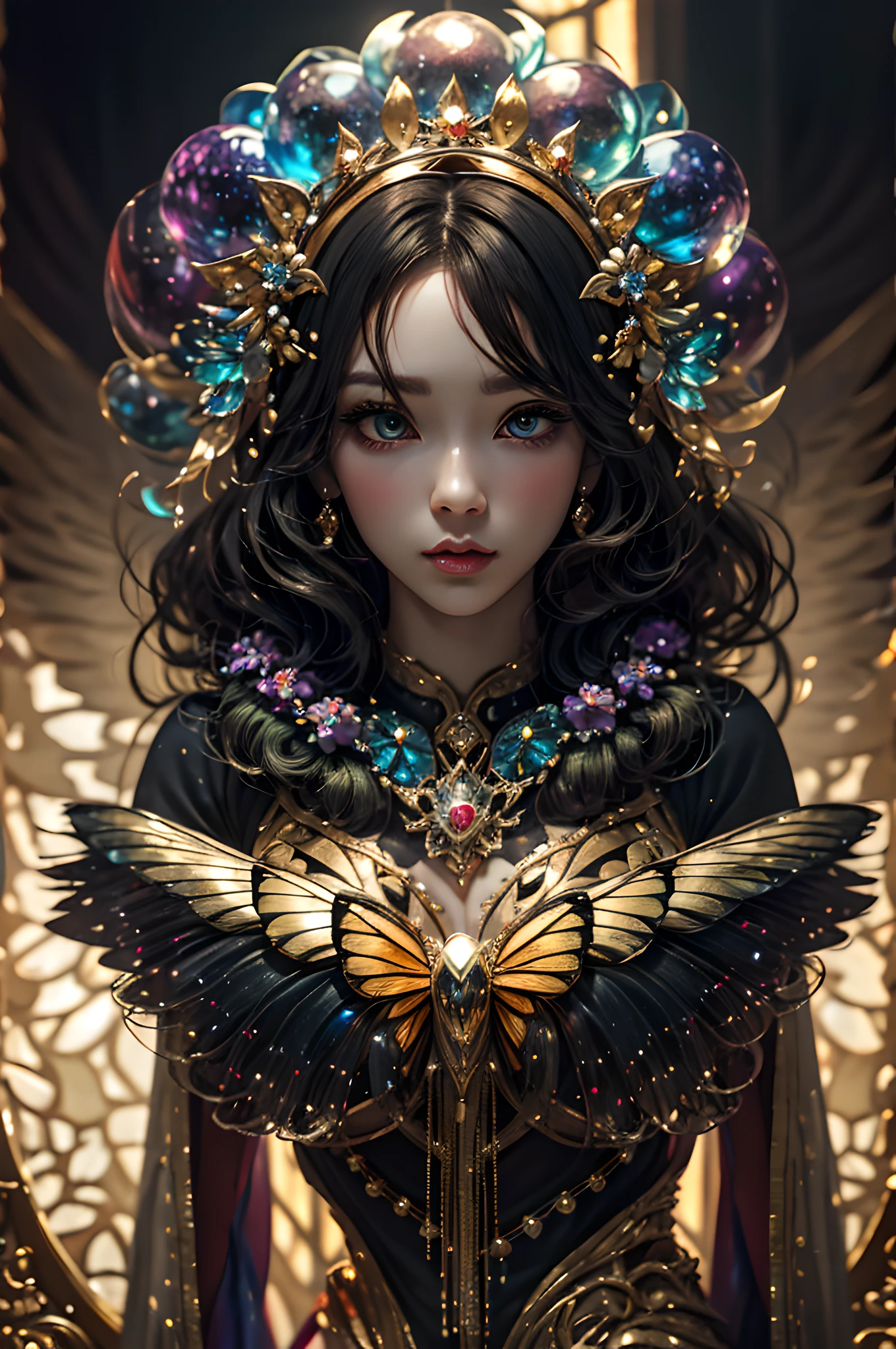 In the style of mythic fantasy and storybook fantasy, with many bright rainbow colors. Generate a mysterious fae queen with puffy lips and a wide mouth. She has a dark curls_hairstyle, side_swept_hair with a realistic texture. She has a realistic skin texture. She has 8k eyes, beautiful detailed eyes, realistically shaded eyes, and intricate detailed eyes. She has a highly detailed face. Her gossamer clothes are made of stunning french silk and beautiful polished, shimmering pearls. She is surrounded by many magical details and intricate celestial details. The artwork is very ornate, with small details and enhanced details. The artwork features phantasmal iridescence, bumps, and saturated colors as well as very detailed and gilded butterflies. The artwork features very detailed iridescent fantasy birds. The background should be interesting and relevant and octans, but the queen should be the focus of the frame. Lighting: Utilize innovative and beautiful lighting techniques including subsurface scattering, ambient lighting, and studio lighting that emphasizes fantasy details. Camera: She is the center of the frame. Utilize dynamic composition to create an exciting artwork with a lot of action and visual interest. Include mysterious ribbon, mysterious magic, and rays of shimmer. intricate, elegant, highly detailed, majestic, digital photography, art by artgerm and ruan jia, gold butterfly filigree, broken glass, (masterpiece, sidelighting, finely detailed beautiful eyes: 1.2), hdr,