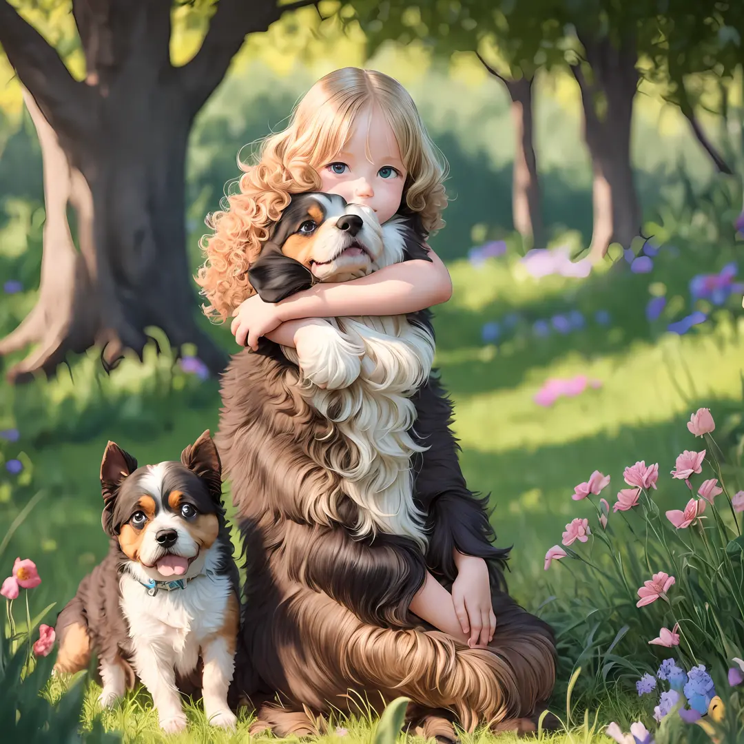 3 year old girl, blonde, curly hair, sitting on the ground with a small dark brown Yorkshire dog, flowery hill with flowers, war...