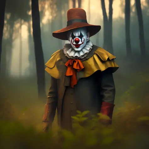creepy photo of a clown, in the woods at night. creepy atmosphere by annie leibovitz and steve mccurry octane render photorealistic cinematic lighting hyper realism 8 k depth shallow dof hdr atmospheric foggy volumetric lightrays 3 d concept art unreal eng...