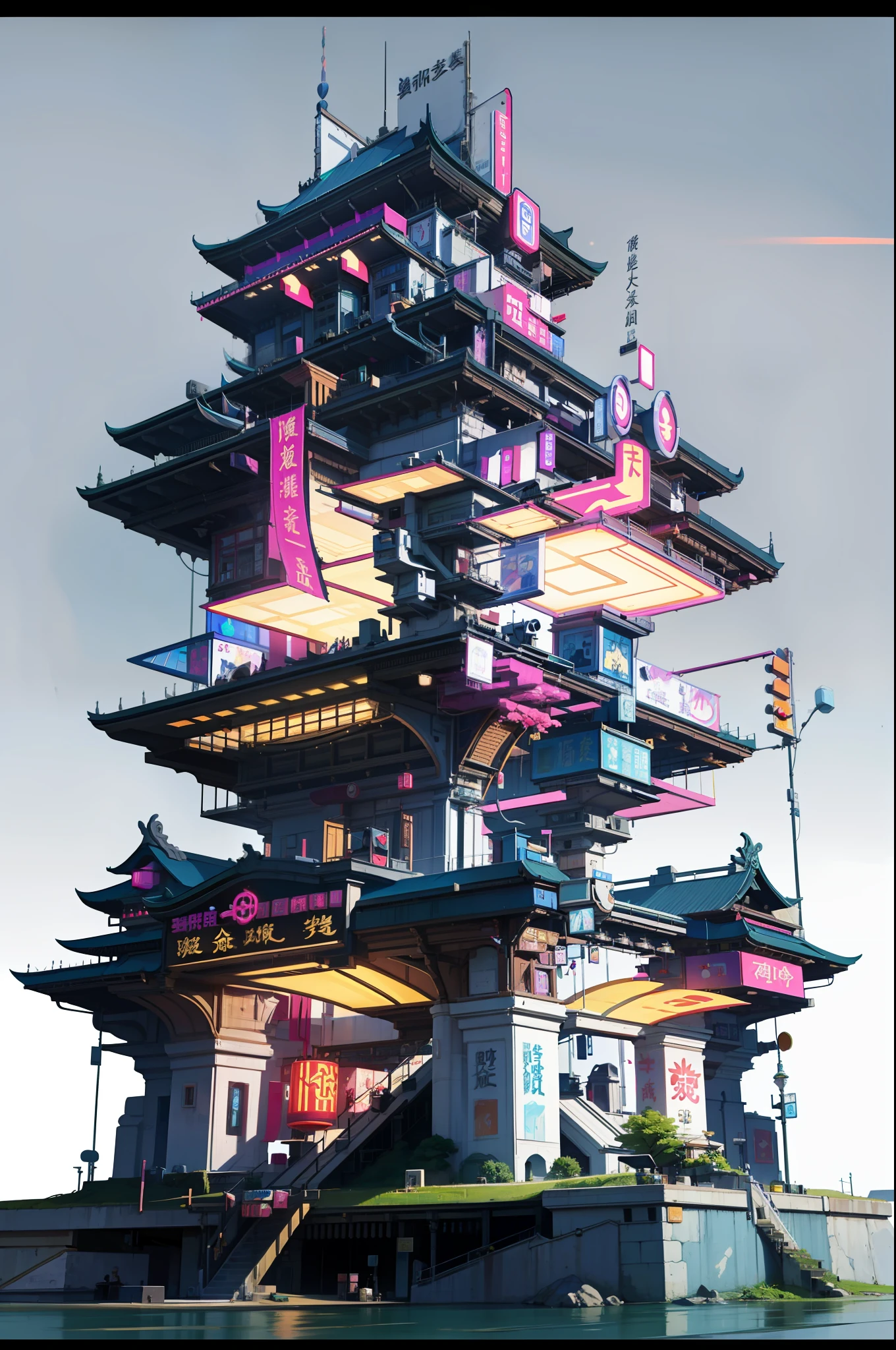 Game Academy，Ethno-style architecture，Ancient Chinese，Structurally sound、high-definition details，Science fiction，neon lit，The cyberpunk，Particle effects，perfect works，White background，（masterpiece，premier quality，best qulaity，officlal art，Beauty and aesthetics：1.2），（8k，best qulaity，masterpiece：1.2）