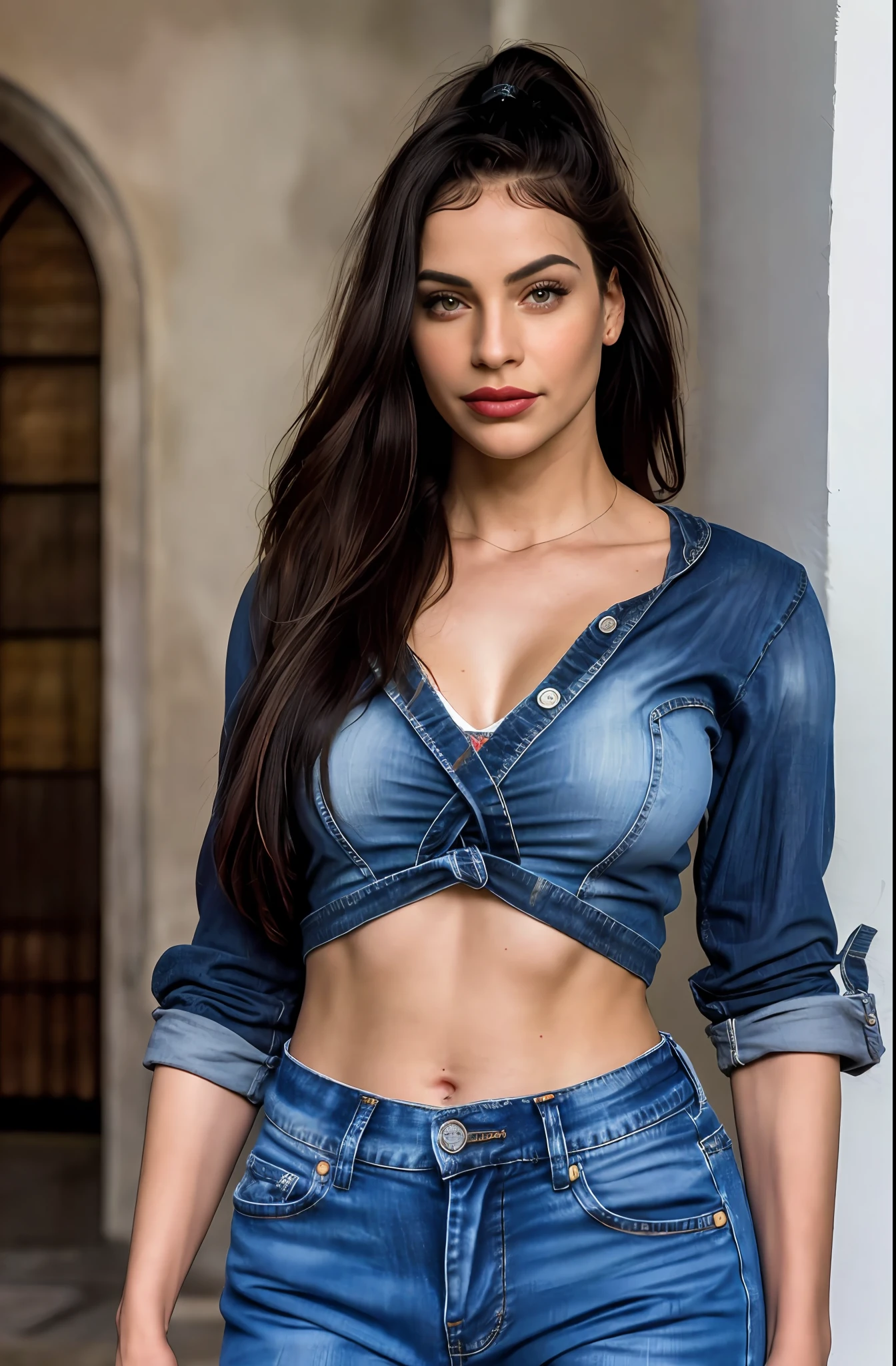 A woman in a denim top and jeans posing for a picture - SeaArt AI