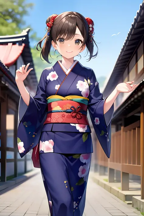 1woman, Japanese, (beautiful:1), kimono, walking, jumping, Kyoto, masterpiece, 8K