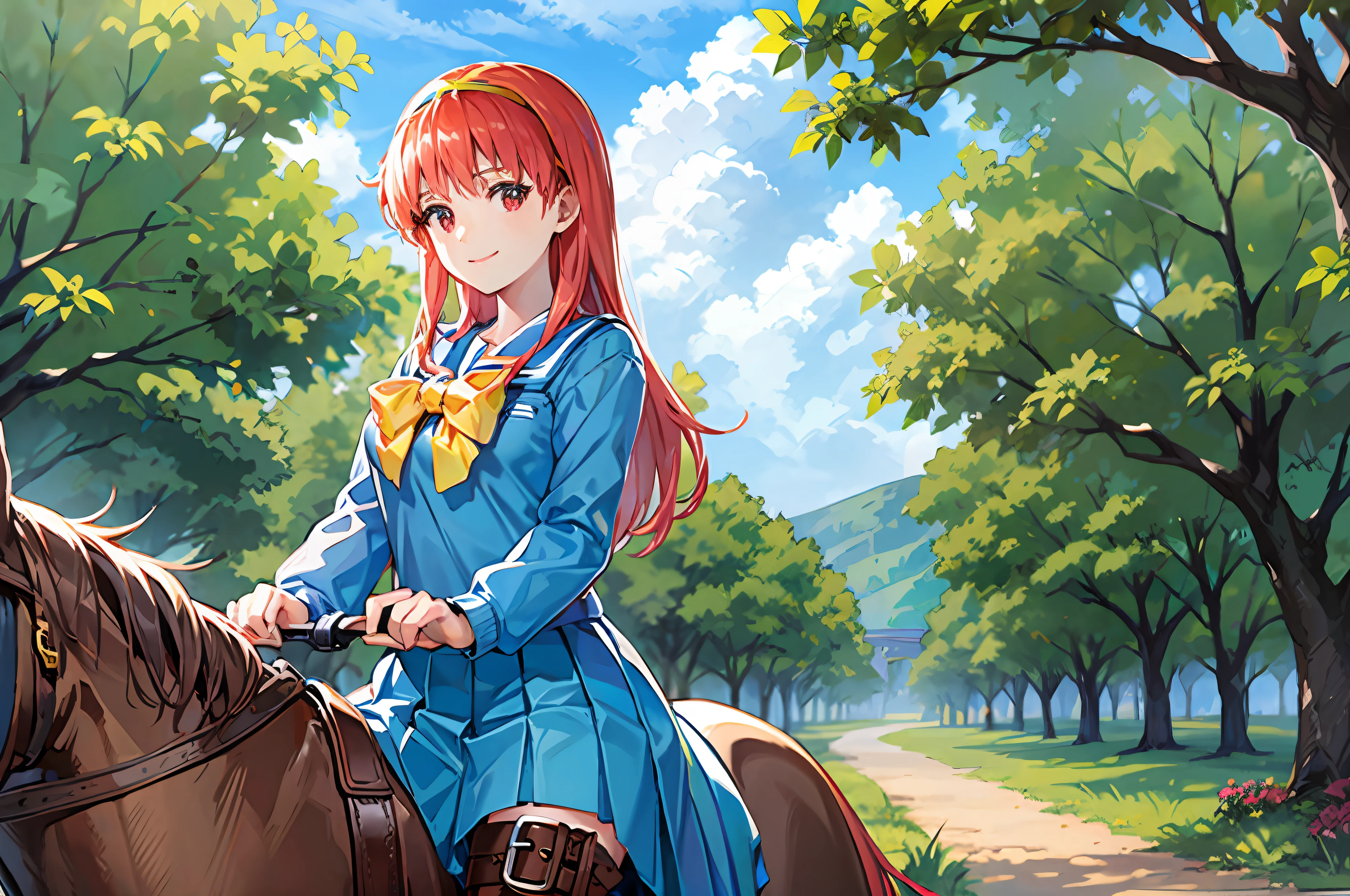 Anime girl montant un cheval dans un parc avec des arbres et de l'herbe  - SeaArt AI