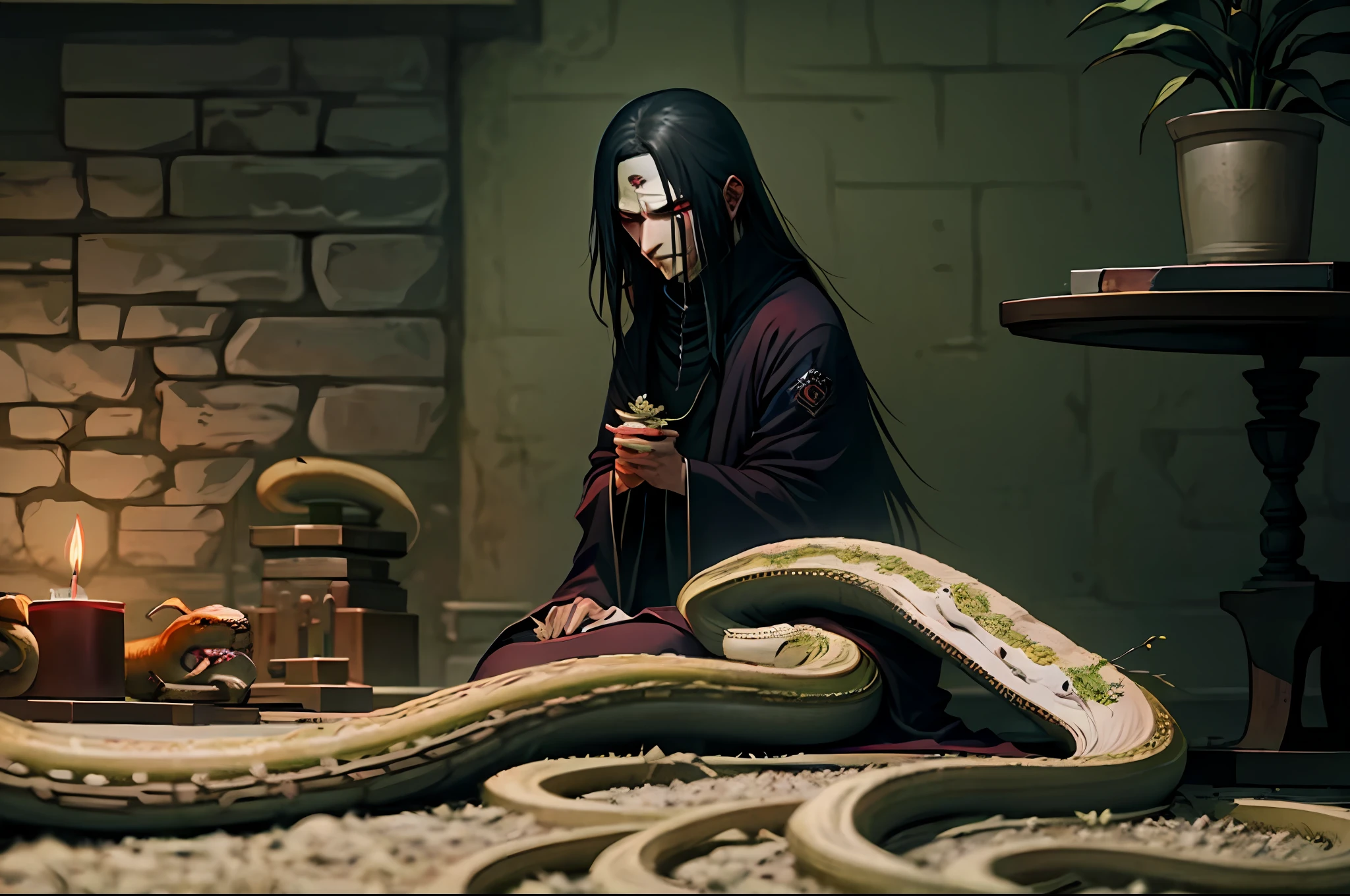 ,candle, 1boy, snake, black hair, robe, long hair, male focus, indoors, plant, solo, own hands together, red eyes, black robe, closed mouth, sitting, praying