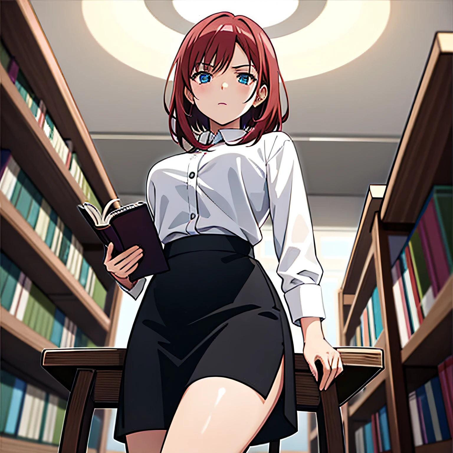 1girl 2solo focus, Beautiful anime illustration of a strict librarian woman with short red hair and blue eyes sitting in a chair looking up from a book in her hand, close cropped haircut, 2, white blouse and black skirt, disapproving expression, library, interior, masterpiece, 8k, volumetric lighting, front view, view from below