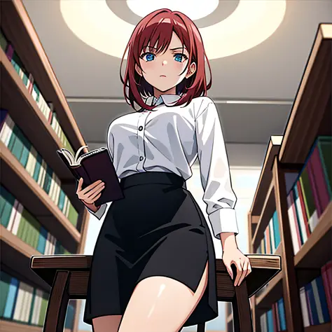 1girl 2solo focus, Beautiful anime illustration of a strict librarian woman with short red hair and blue eyes sitting in a chair...