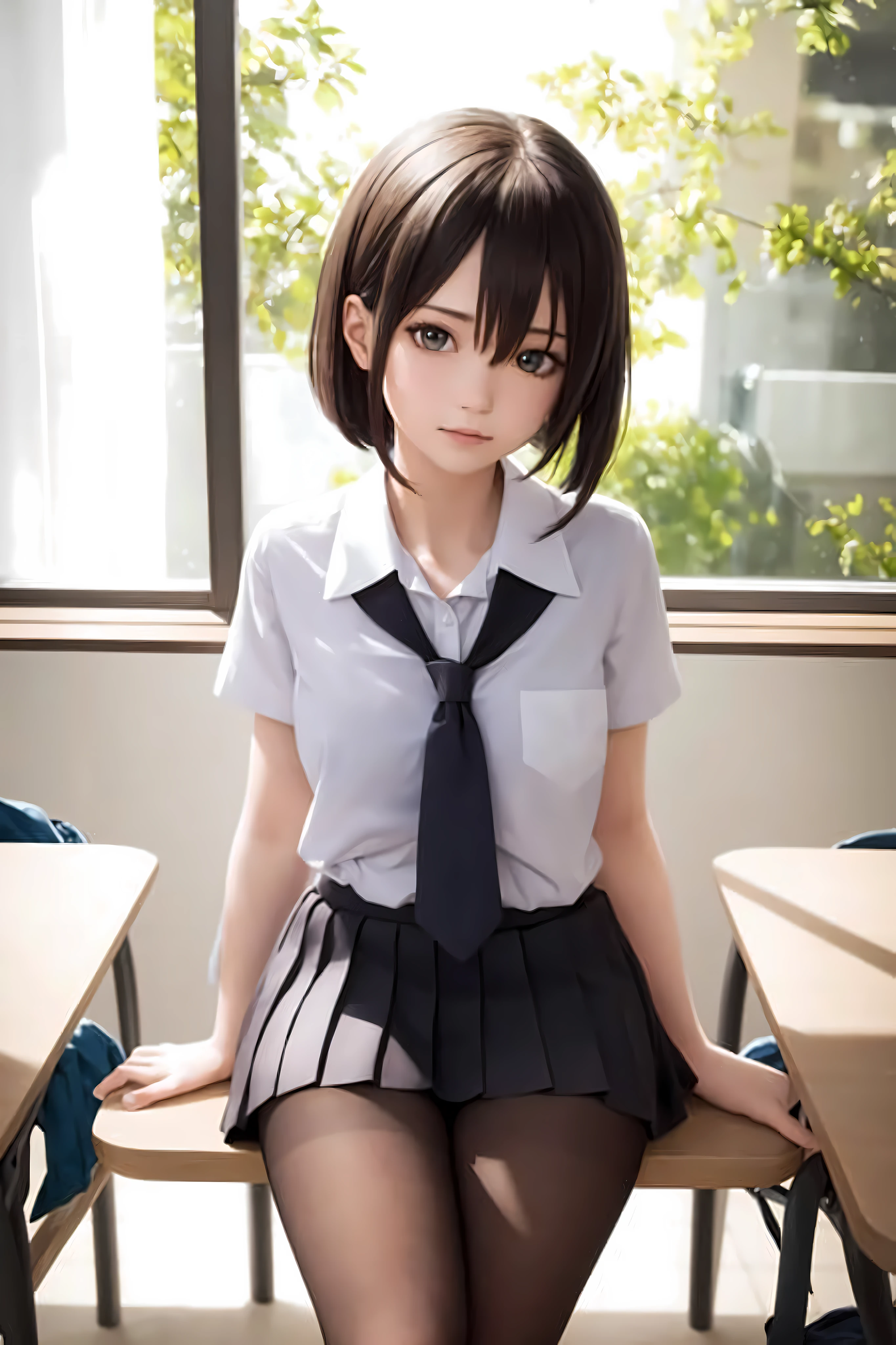 masterpiece, best quality, ultra-detailed, illustration, colorful, falt color, depth of field, lens flare,

1girl, anime, sitting, black hair, looking at viewer,school, classroom, pleated miniskirt , school uniform, serafuku, black pantyhose, detailed skin texture, detailed cloth texture, beautiful detailed face,