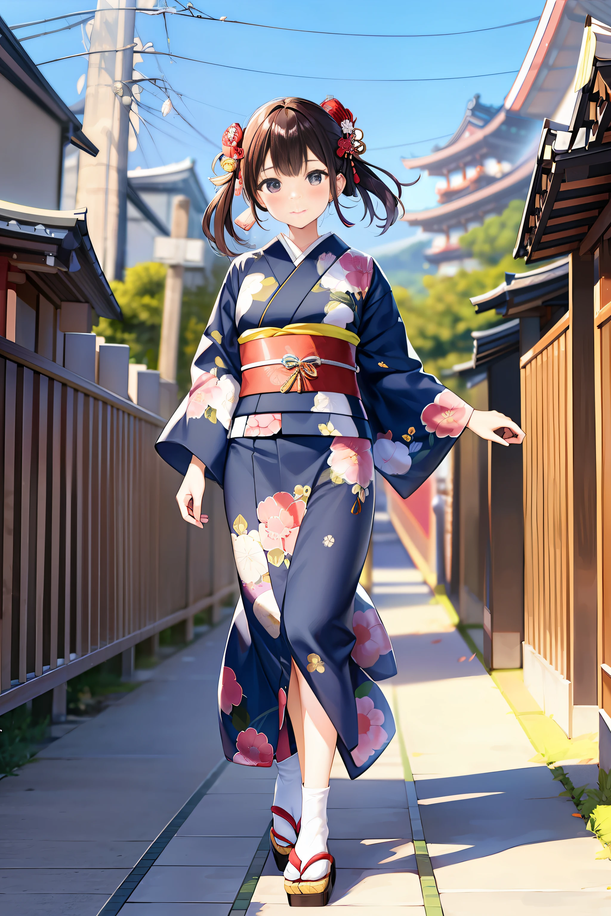 1woman, Japanese, (beautiful:1), kimono, walking, jumping, Kyoto, masterpiece, 8K