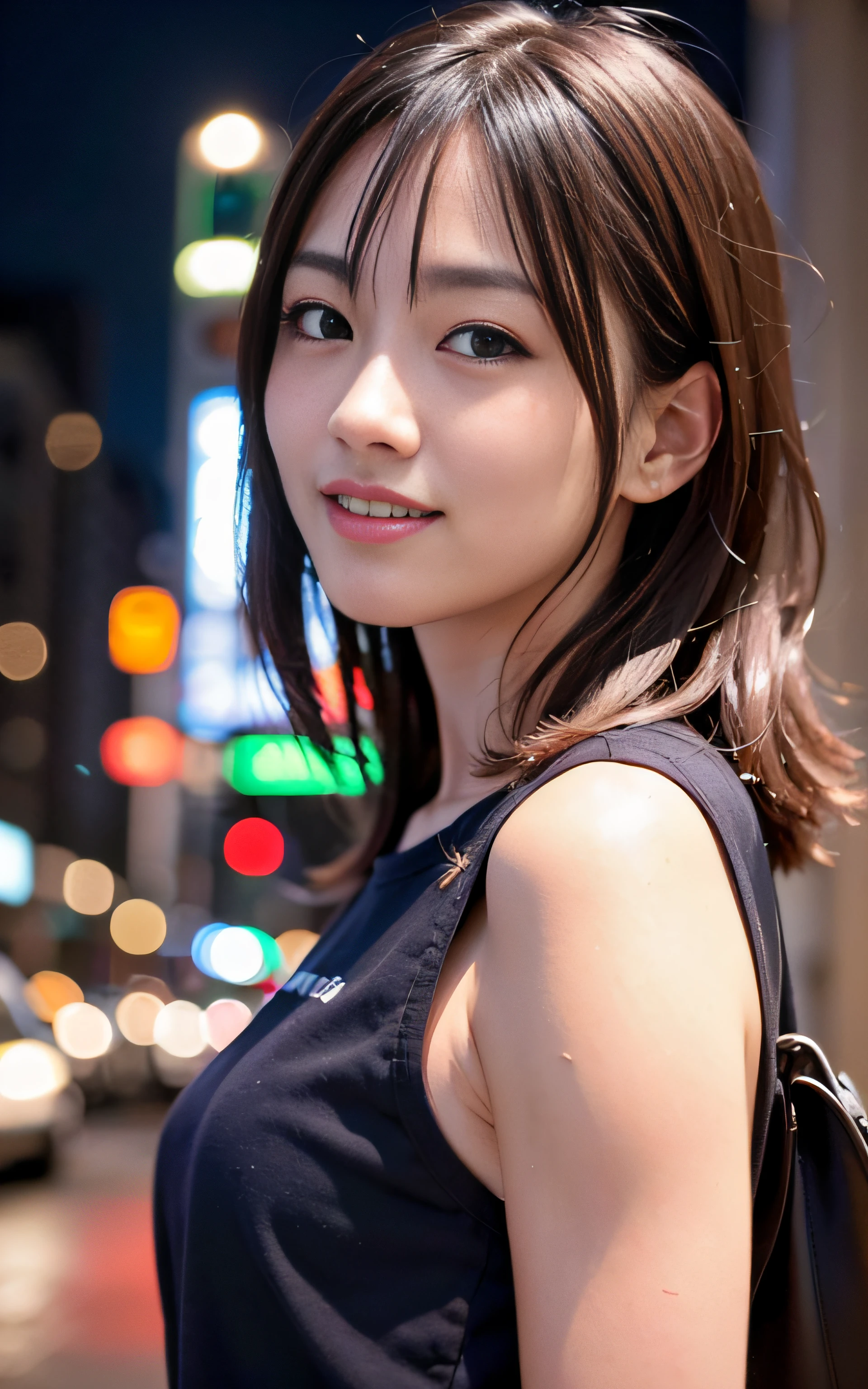 1girl, Tokyo street,night, cityscape,city lights,upper body,close-up,smile,, (8k, RAW photo, best quality, masterpiece:1.2),(realistic, photo-realistic:1.37),