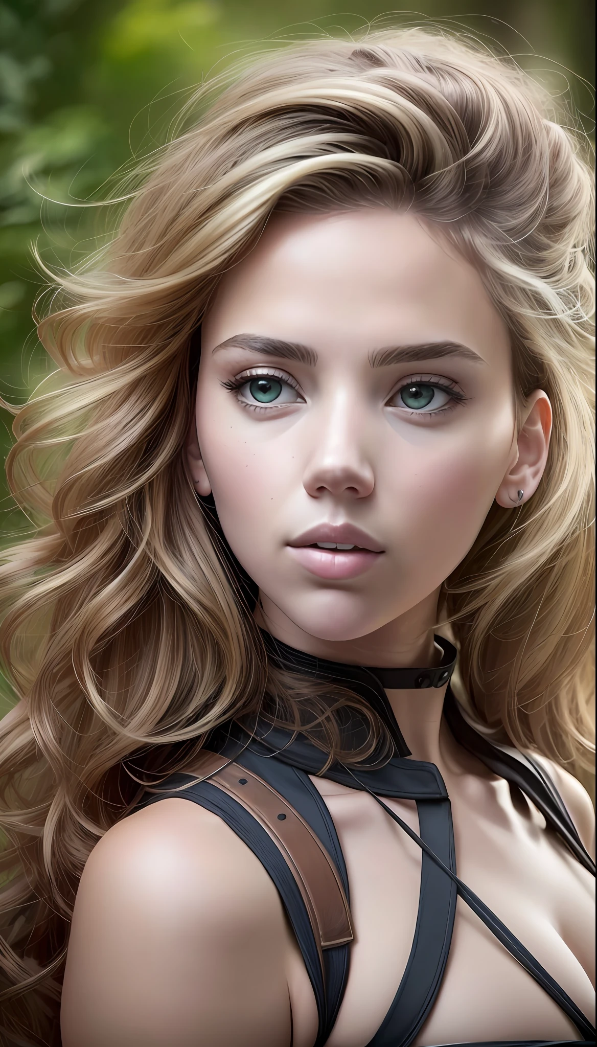 una mujer con un rostro similar al de Scarlett Johansson mezclada con Jennifer Lawrence, con atuendo élfico, (Obra-prima: 1.5), (mejor calidad), (fotorrealista:1.6), 8K, (textura de piel detallada), textura de tela detallada, hermoso rostro detallado, detalles intrincados, (ultra detallado: 1.6), (Un bosque al fondo),