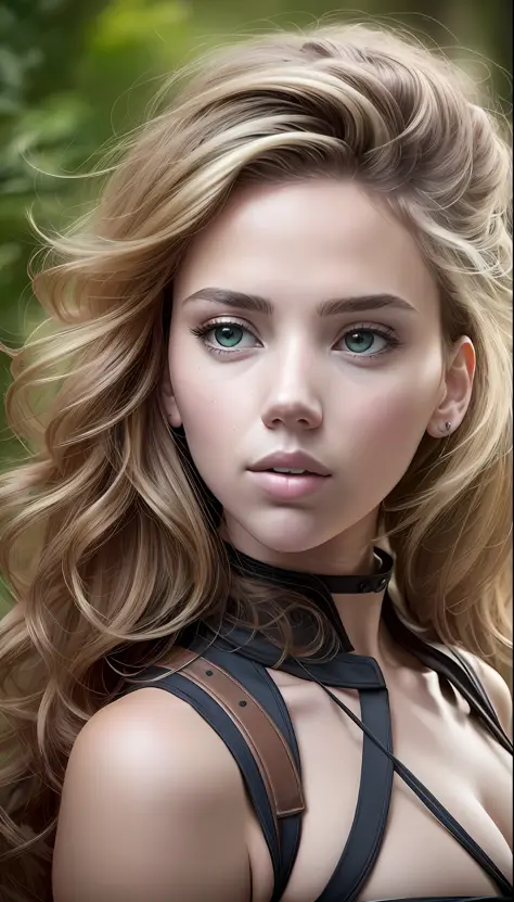 uma mulher com rosto semelhante a Scarlett Johansson misturado com a Jennifer Lawrence, com roupa elfica, (obra-prima: 1.5), (melhor qualidade), (fotorrealista:1.6), 8k, (textura de pele detalhada), textura de tecido detalhada, rosto detalhado bonito, deta...