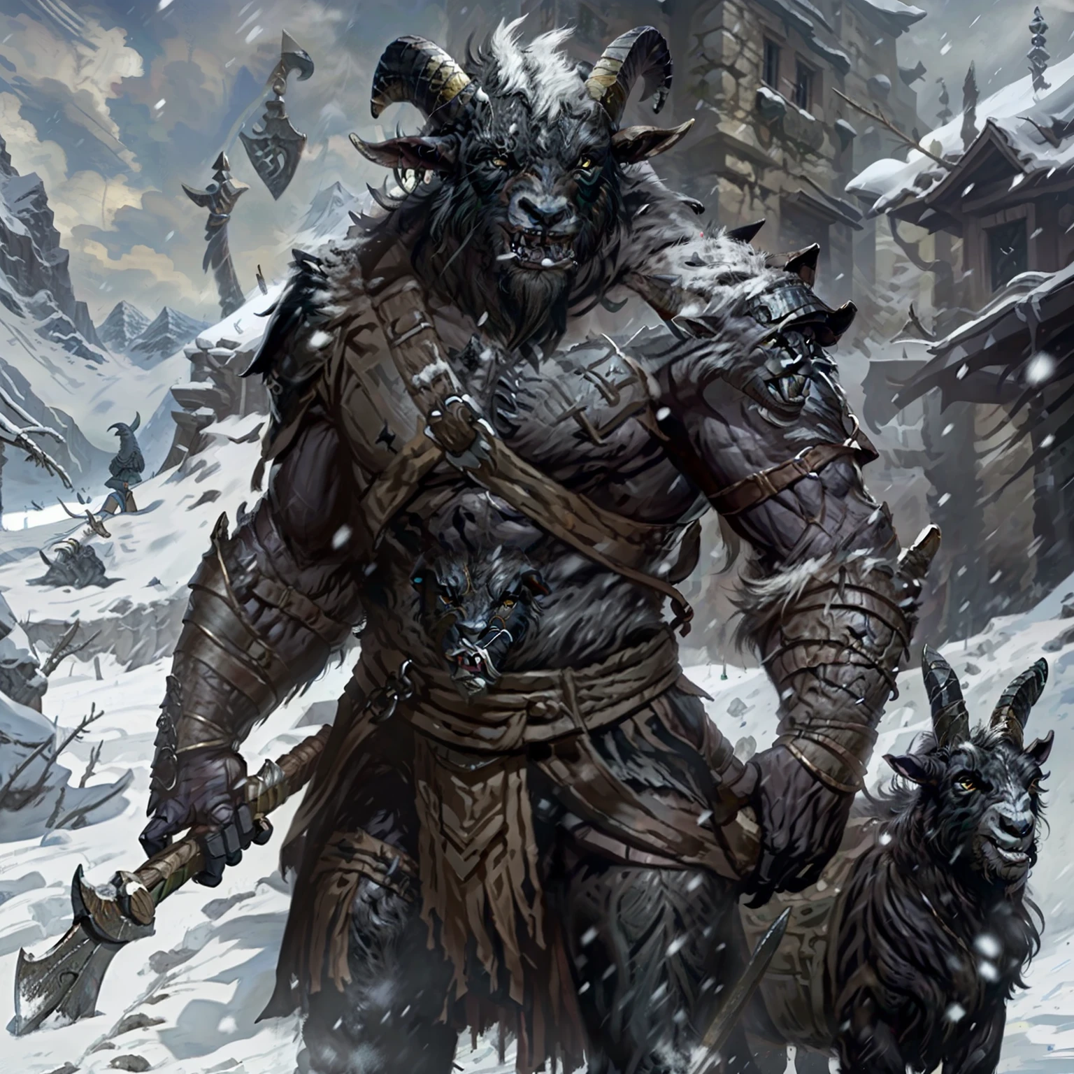 An evil creature, with goat face, evil face, black goat, villain, strong, large, holding an ordinary spear, sample chest, breastplate, armor on the arms and legs, half man, half goat, dirty, dark, with details, standing, in the snow, orc-like, dark, detailed