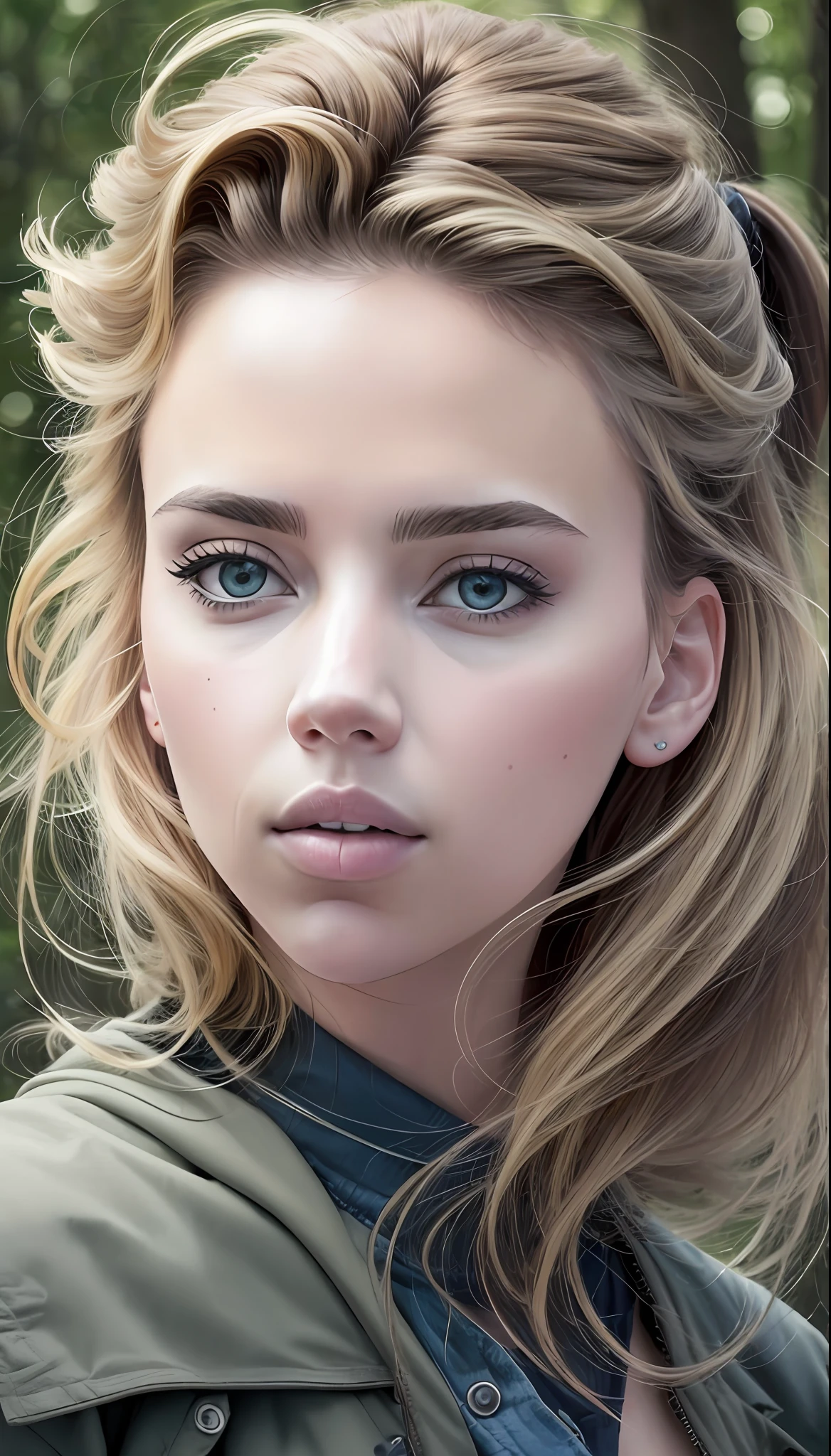 una mujer con un rostro similar al de Scarlett Johansson mezclada con Jennifer Lawrence, con atuendo élfico, (Obra-prima: 1.5), (mejor calidad), (fotorrealista:1.6), 8K, (textura de piel detallada), textura de tela detallada, hermoso rostro detallado, detalles intrincados, (ultra detallado: 1.6), (Un bosque al fondo),