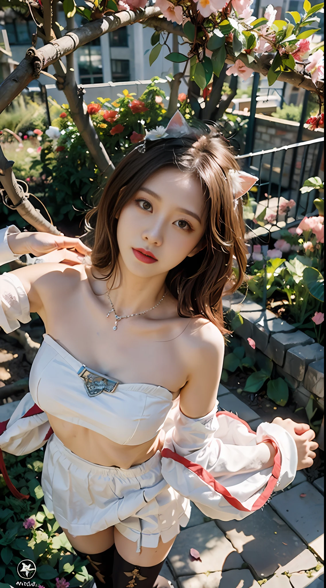 (Bird's eye view of the city),(Garden-like city below:1.4),(The high-rises of the future crisscross the sea:1.2),(Beautiful girl standing on the edge of the waterfall)，Bare shoulders, fcollarbone, Pleated skirt, bottomless, g-string,, Pink hair, Long hair, head phone, Female solo, Cat ears, grab chest, Medium breasts, necklace, boots, pink thighhighs, bokeh, Uncensored, cover, head out of frame, Pink Theme, petals,(((Masterpiece))),(((Best quality))),((Ultra-detailed))((Extremely detailed CG)),((16k wallpaper))((An extremely delicate and beautiful)),{Photorealistic},Full body, Detailed light,full bloom,,,A masterpiece from the Canon EOS R6 shooting,((masterpiece)) ,cinematiclight,Unreal Engine 5,the creamy smooth skin,underbust