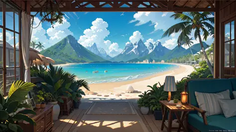 (masterpieces),(bestquality:1.0), (ultra highres:1.0),sea,White Sand Beach,Small House,Mountain view