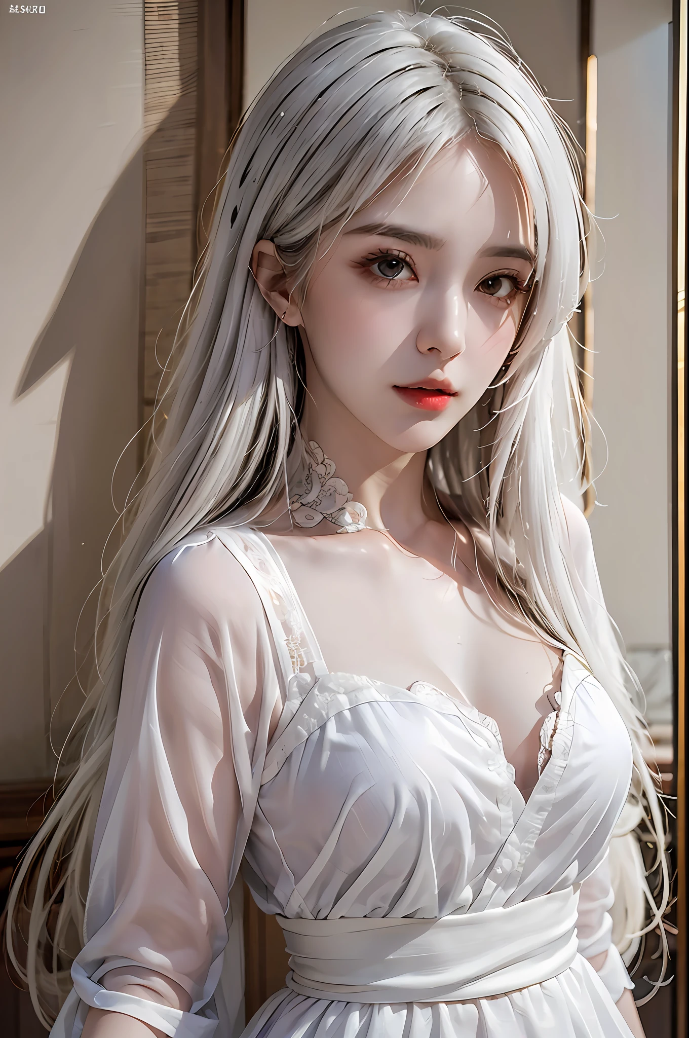 best quality, masterpiece, ultra-detailed, detailed light, (RAW photo:1.2), (photorealistic:1.4),(masterpiece:1.3),(best quality:1.4), 1girl, solo, waist up, white hair, long hair, dress, aodai, vietnamese traditional clothes